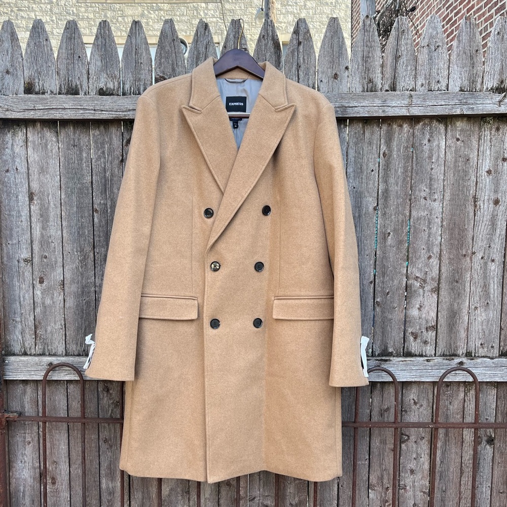 NWT Express Double Breasted Tan Wool-Blend Water Resistant Top Coat